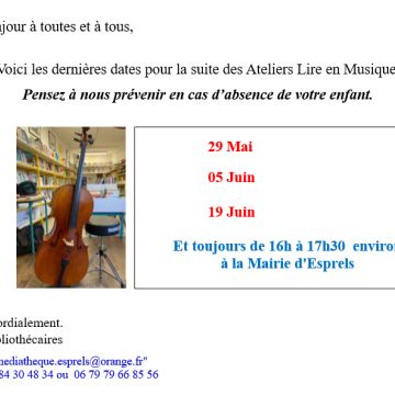 Dernières dates pour la suite des ''Ateliers Lire en Musique''