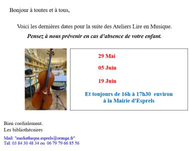 Dernières dates pour la suite des ''Ateliers Lire en Musique''